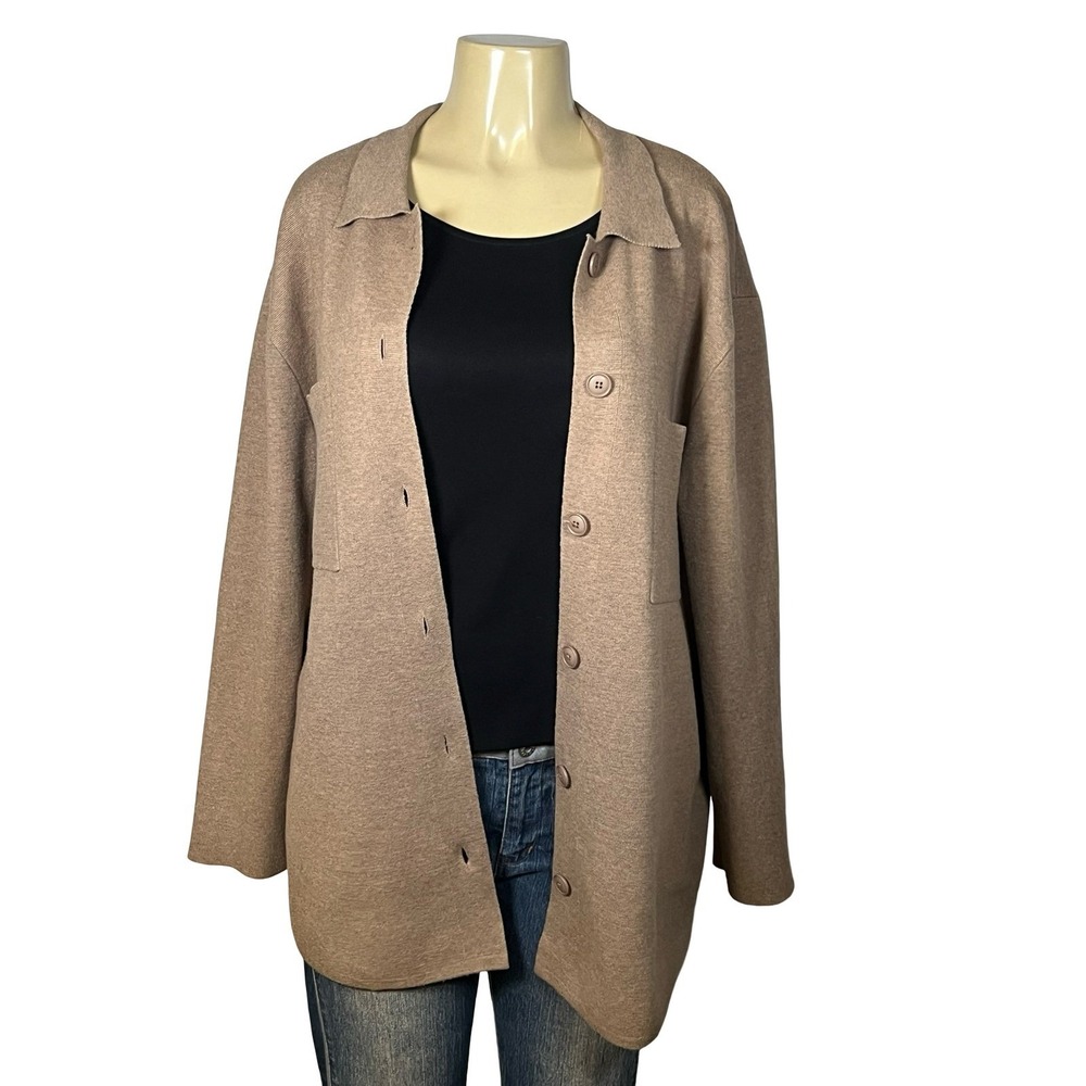 Quince Eco-Soft Oversized Shacket Taupe Brown Knit Button‎ Front Cardigan Size M